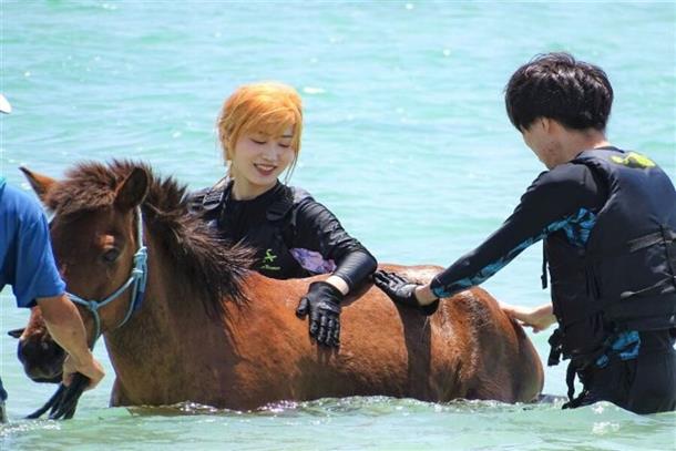 海のなかでたっぷり馬とふれあえる時間も！